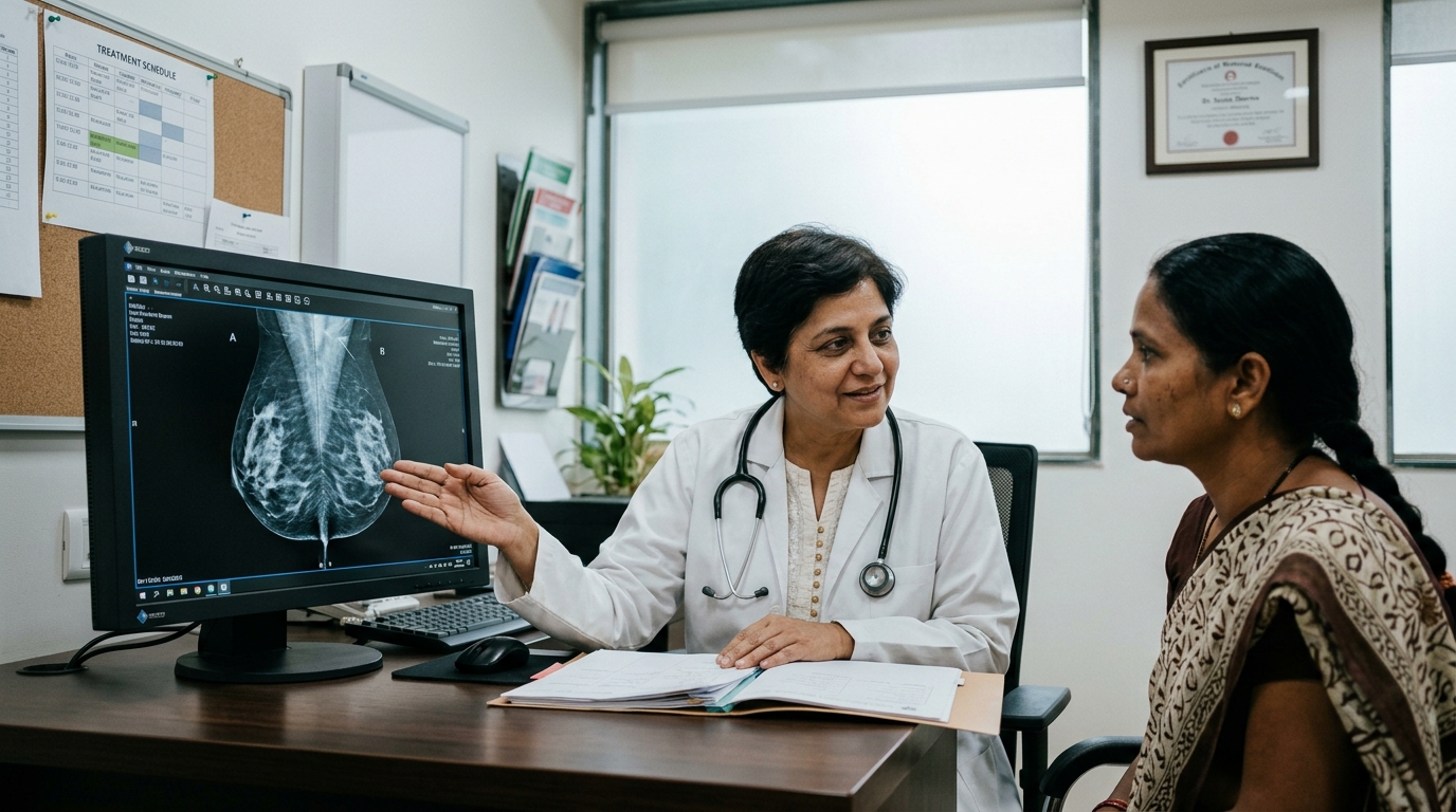 Senior breast oncologist consulting patient at luxury hospital suite